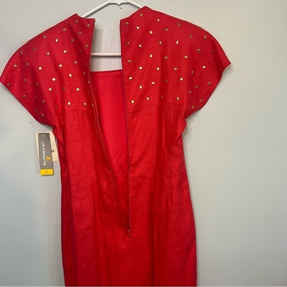 NEW Liz Claiborne 100% Linen Shift Dress Gold Studs Square Neck Petite Sz 2 Red - Picture 13 of 15